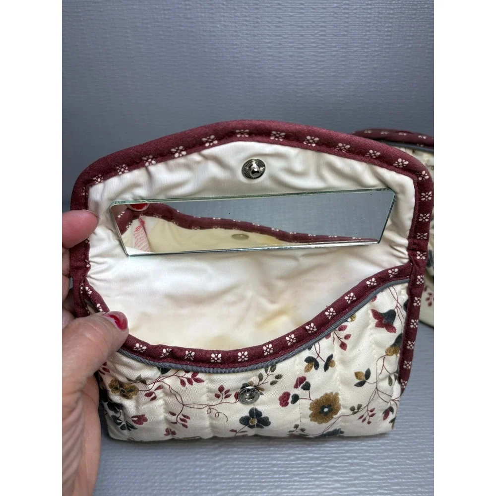 Totes Vintage Style Quilted Floral Makeup Bag & Mirror Pouch Set Cream Burgundy